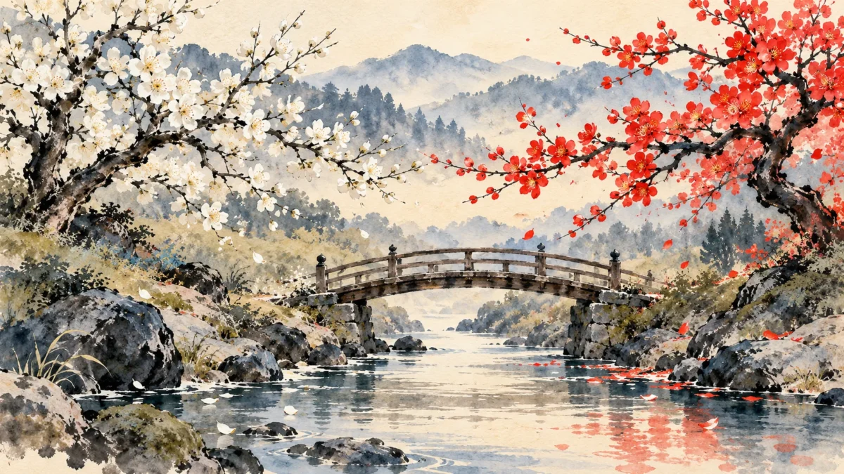 異なる花の枝と川に架かる小さな橋