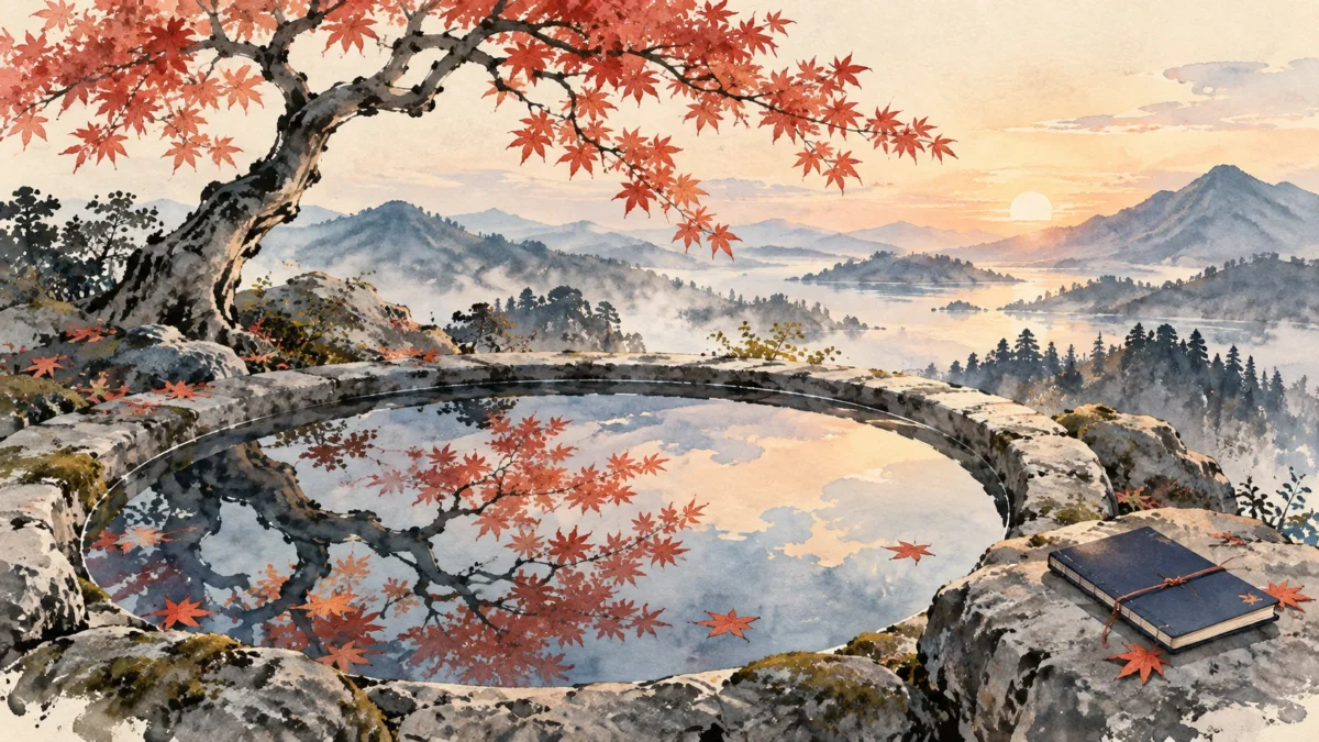 木と空を静かに映す池とノート