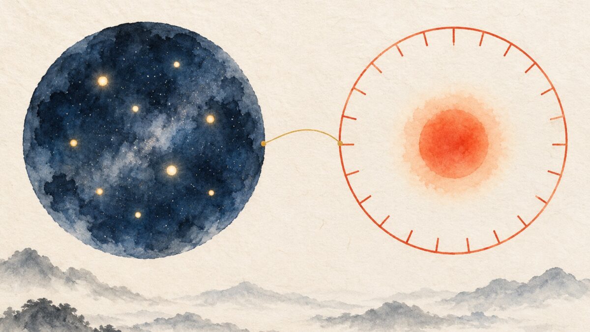 九つの光が浮かぶ藍の星空の円と、二十四の目盛りに囲まれた朱の太陽の円を並べた挿絵