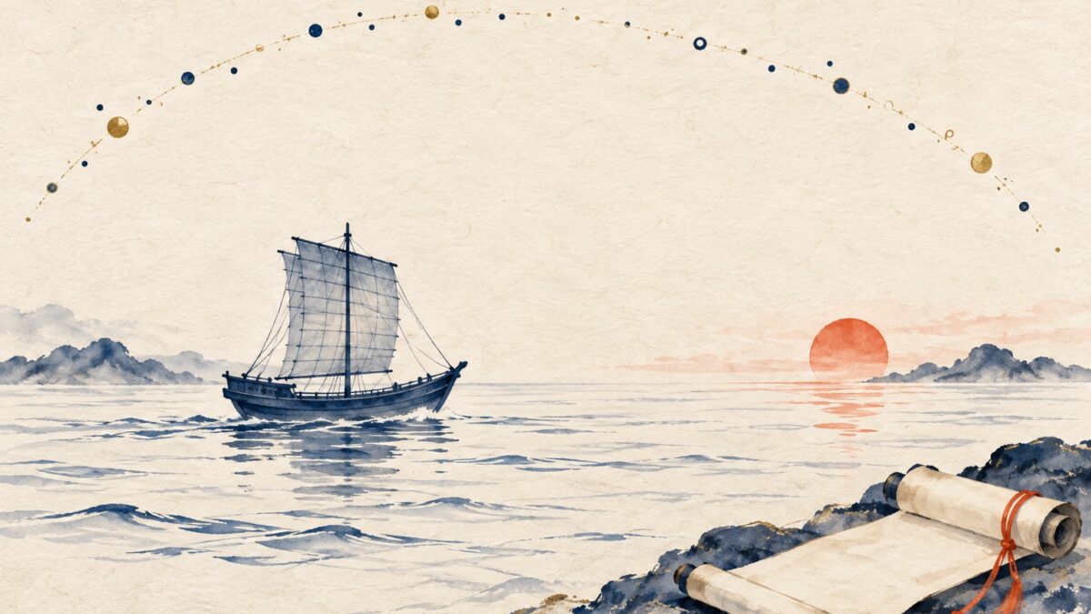 星の弧の下を海を渡る帆船と、朱の紐で結ばれた巻物を描いた挿絵