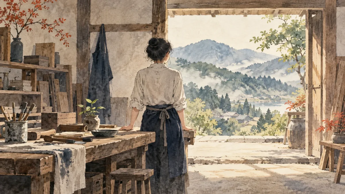 道具を並べた作業台と、明るい工房の入口に立つ人の水彩画