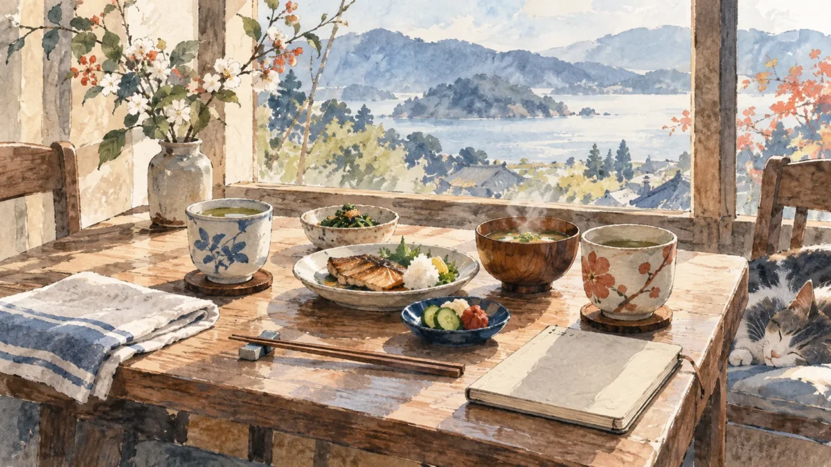 食卓に並ぶ二つの湯飲みと、分担を考えるノート