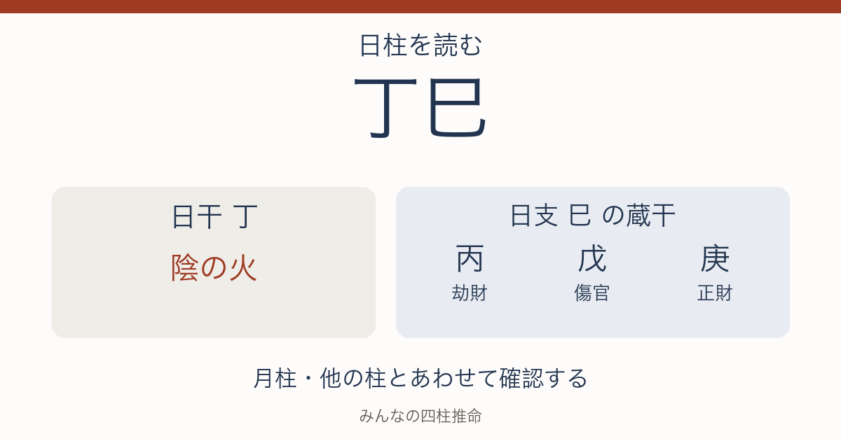 丁巳の日干は陰の火。日支の蔵干は丙（劫財）、戊（傷官）、庚（正財）。