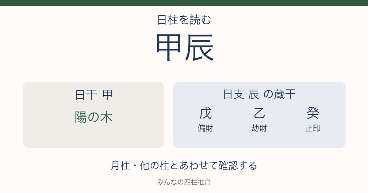 甲辰の日干は陽の木。日支の蔵干は戊（偏財）、乙（劫財）、癸（正印）。