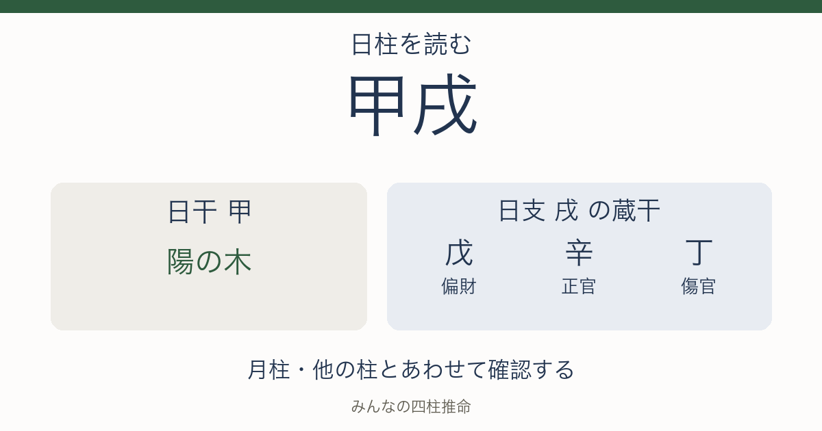 甲戌の日干は陽の木。日支の蔵干は戊（偏財）、辛（正官）、丁（傷官）。