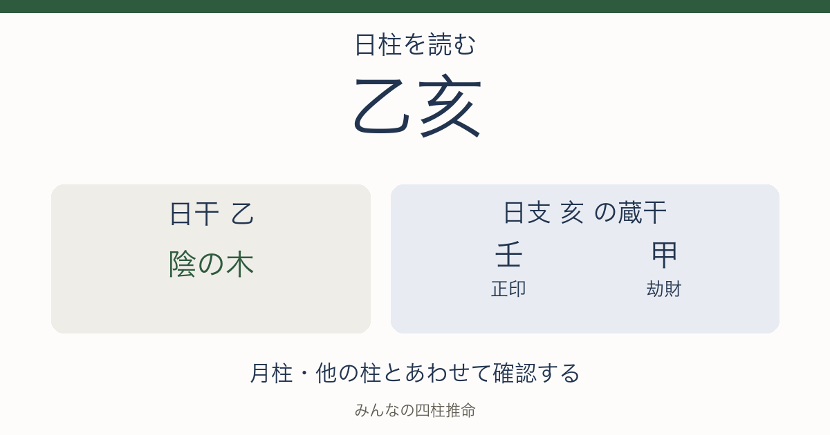 乙亥の日干は陰の木。日支の蔵干は壬（正印）、甲（劫財）。