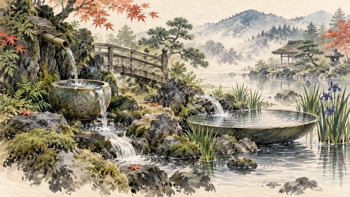 同じ庭を流れる二つの水路と、異なる器を描いた水彩画