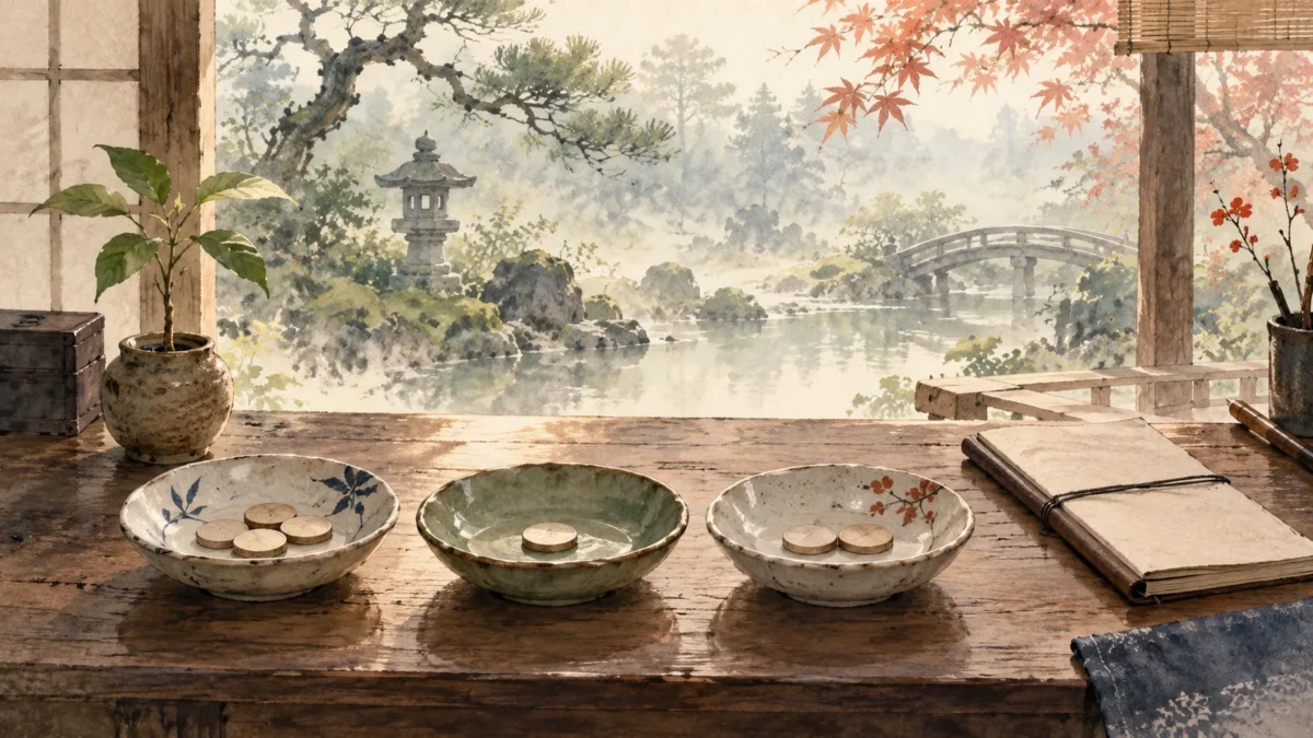 お金の出入りを整理する三つの器と、小さな芽の水彩画
