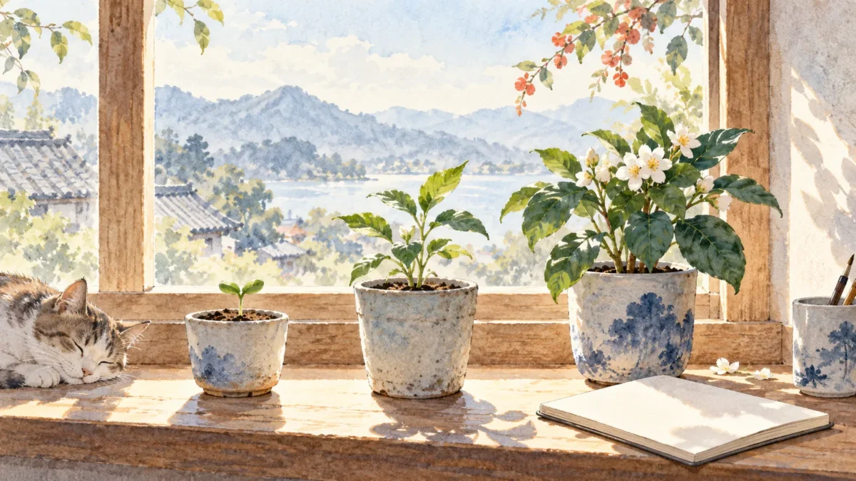 窓辺に並ぶ、育ち方の異なる三つの鉢植え
