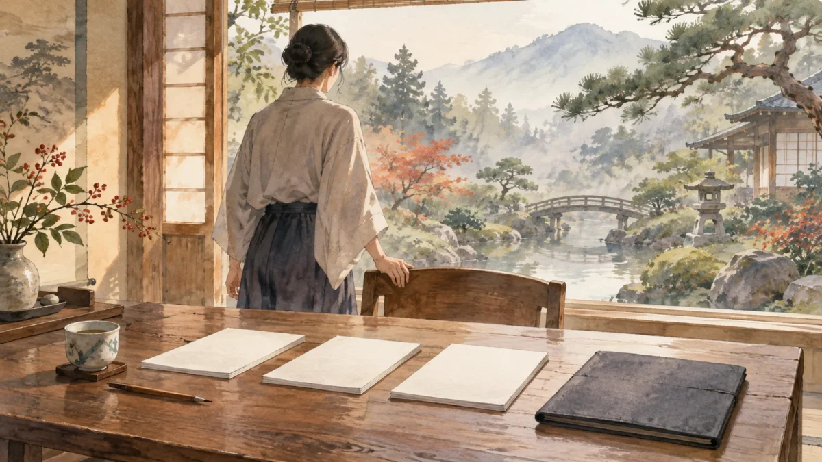必要な紙を整理し、相談の準備をする静かな机の水彩画