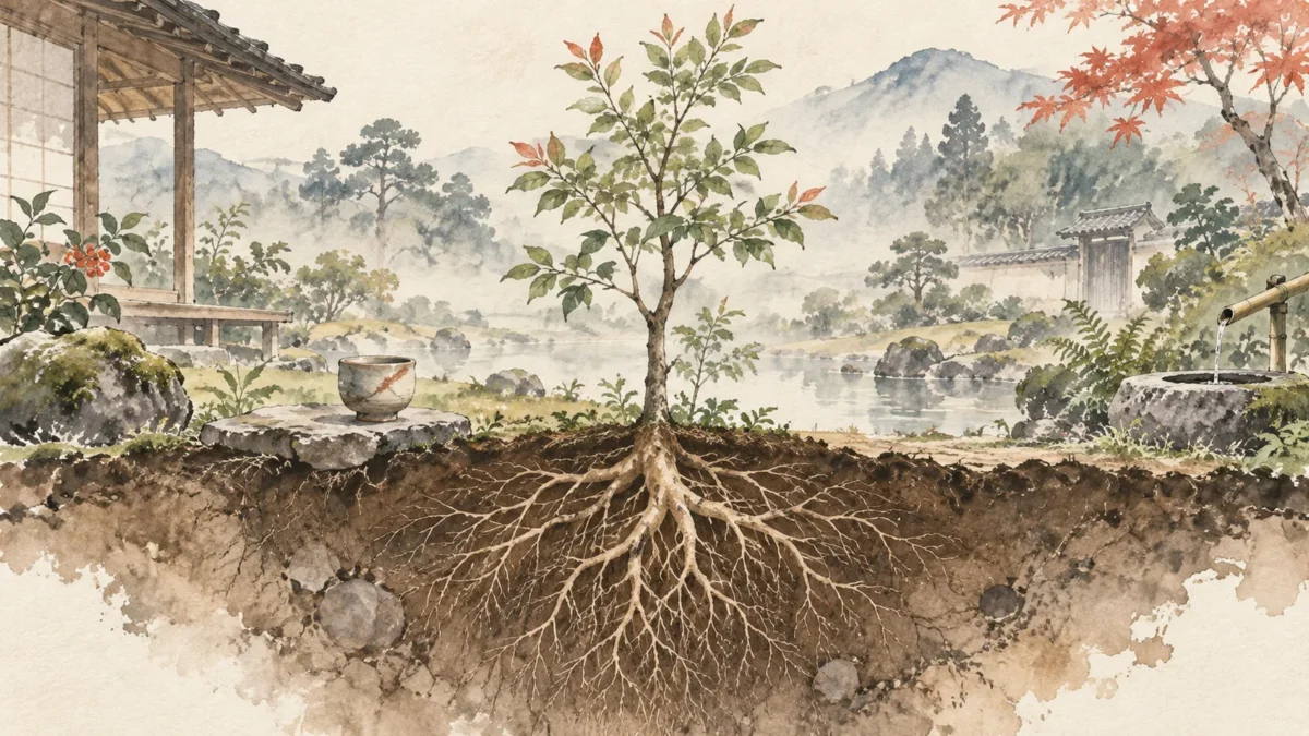 枝葉と根を並べ、見える部分と内側を考える木の水彩画