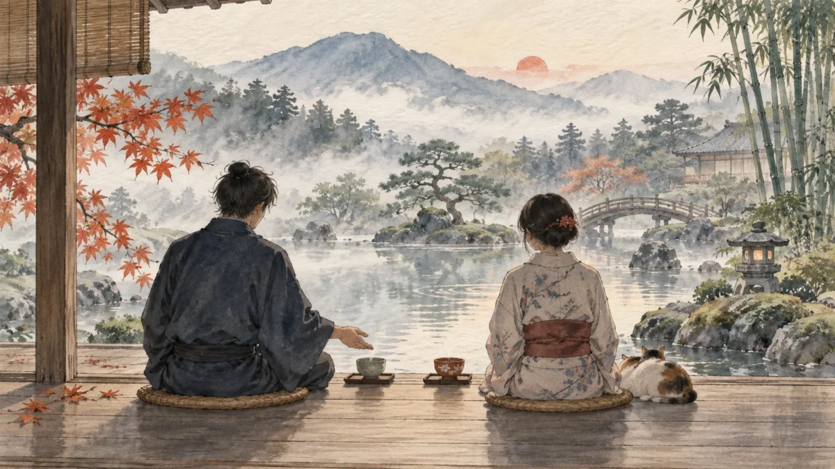 庭を眺めながら二つの湯飲みを囲み、穏やかに話す二人の水彩画
