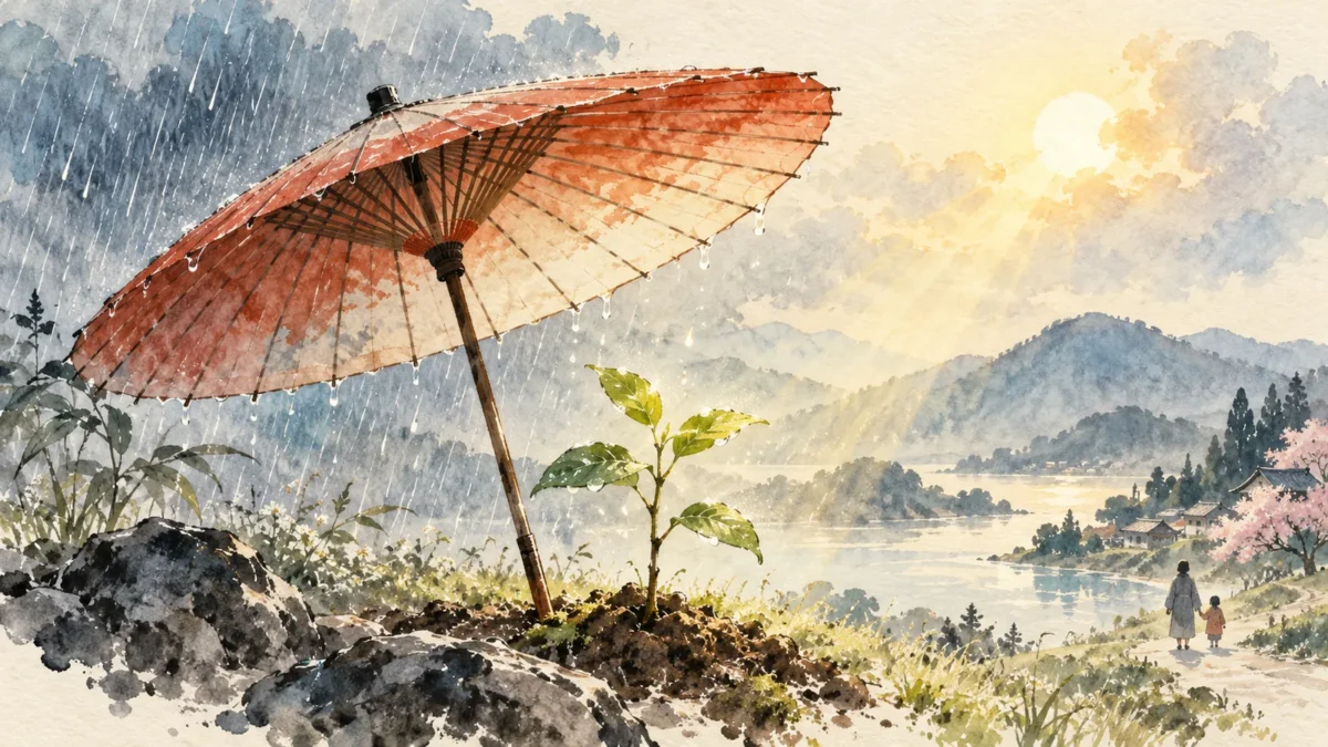 若木にかざされた和傘と、葉に届く日の光と雨
