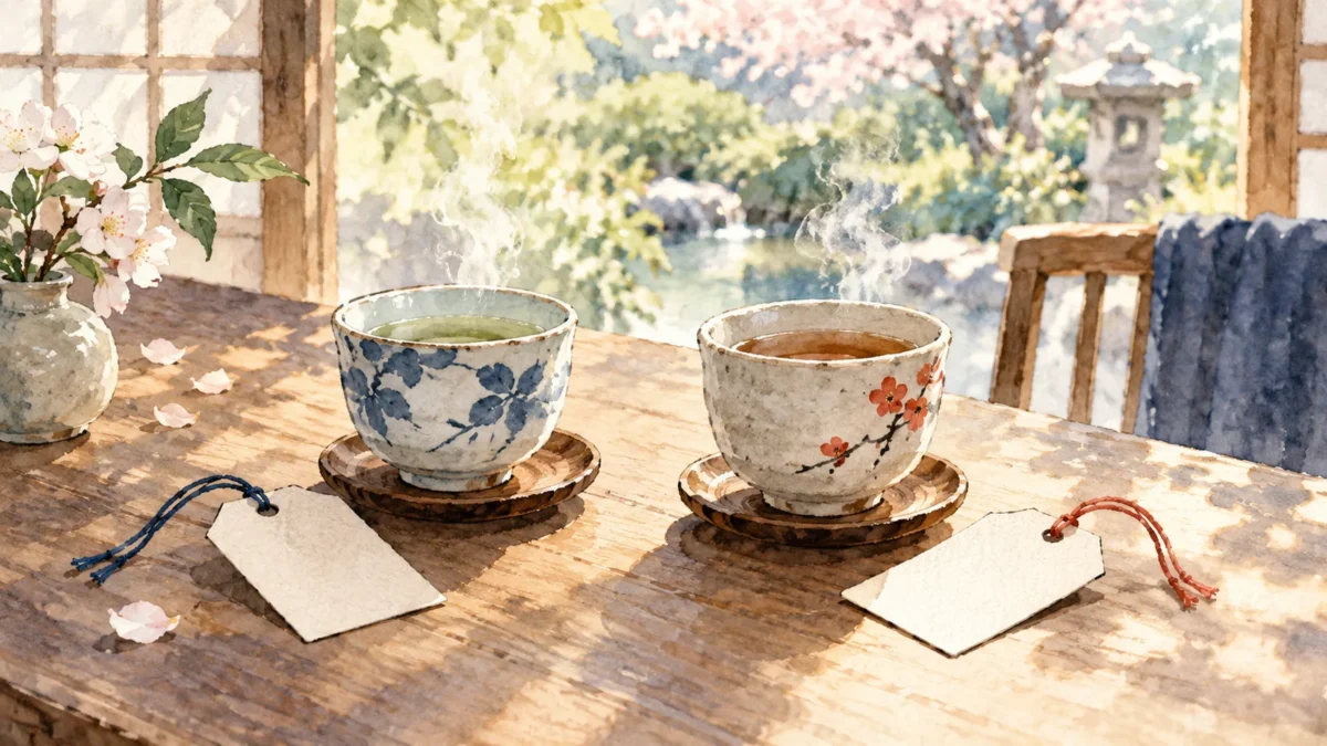 二つの湯飲みと、脇に置かれた無地の札