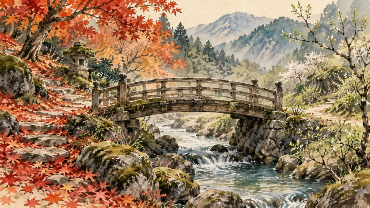 季節の変化をまたぐ木の橋と静かな庭