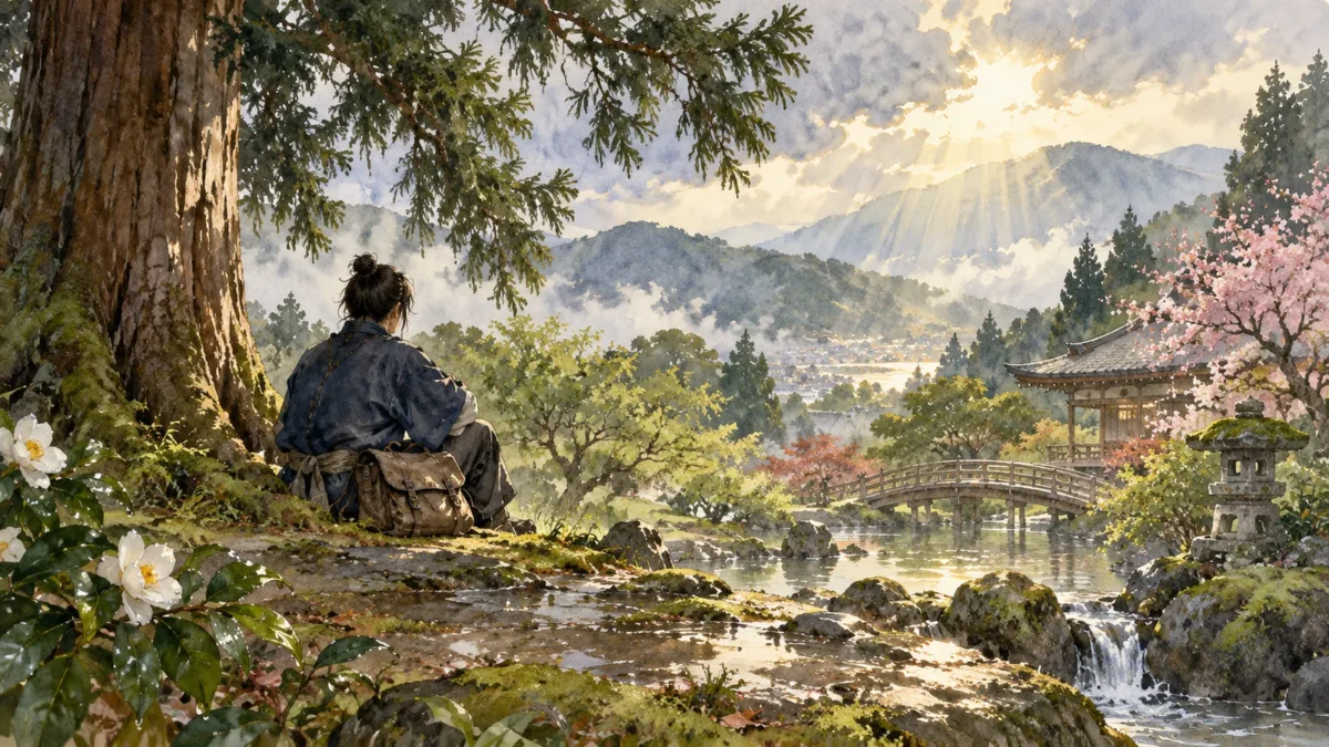 雨上がりの明るい庭で木陰に腰を下ろす旅人