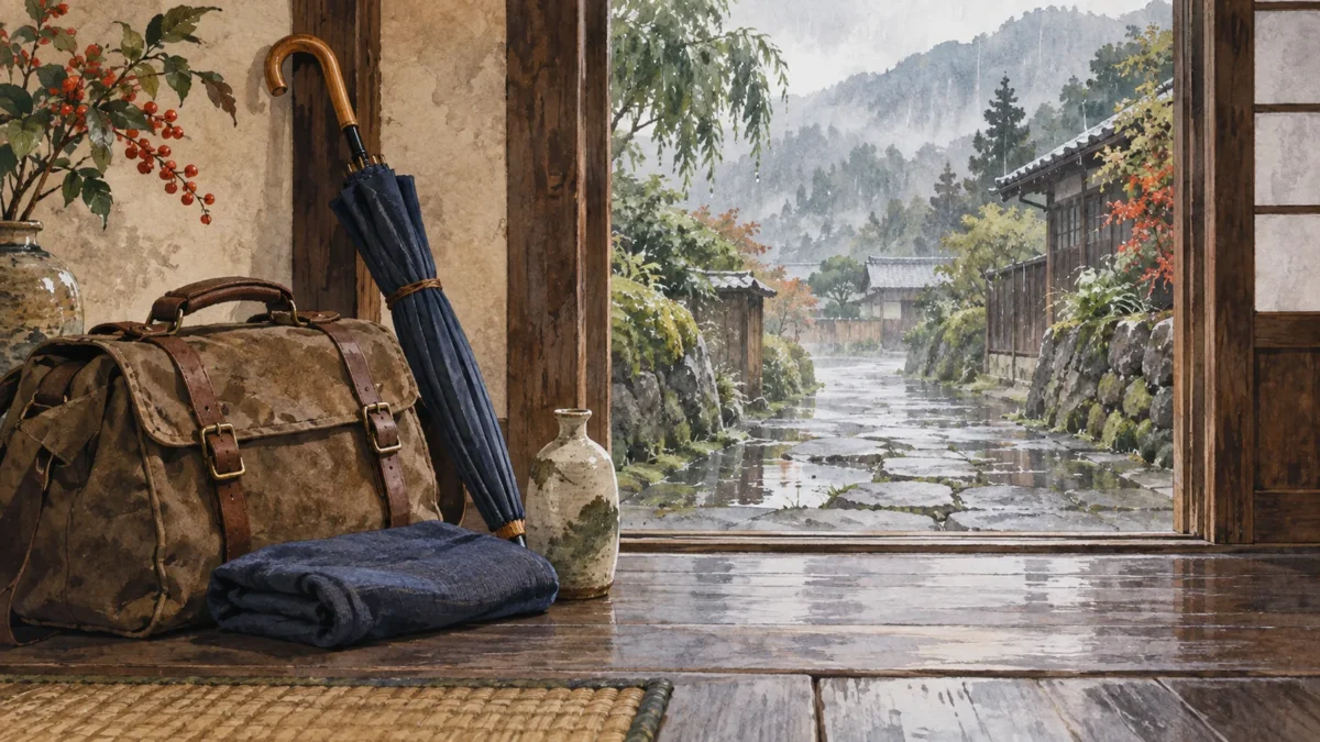雨の道へ出る前に整えた傘と旅支度