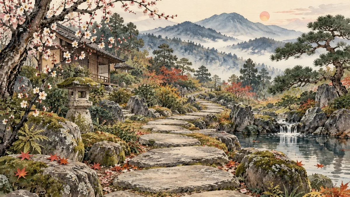 遠くへ続く飛び石と季節の木々