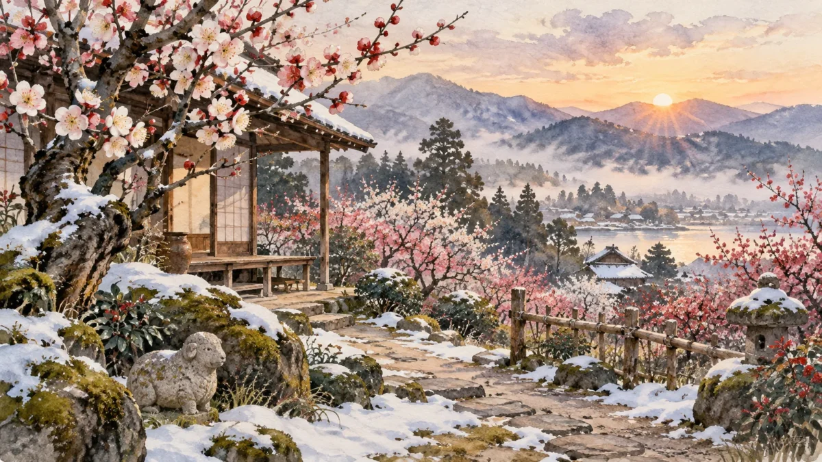 残雪と梅の花がある立春の庭