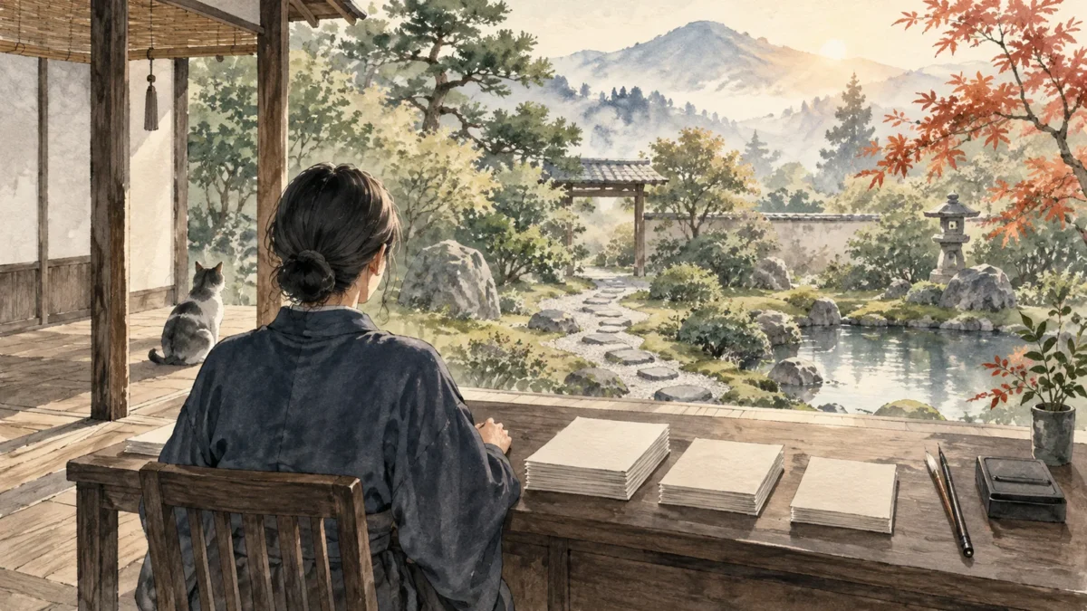作業を整理した机のそばで、静かな庭へ目を向ける人の水彩画