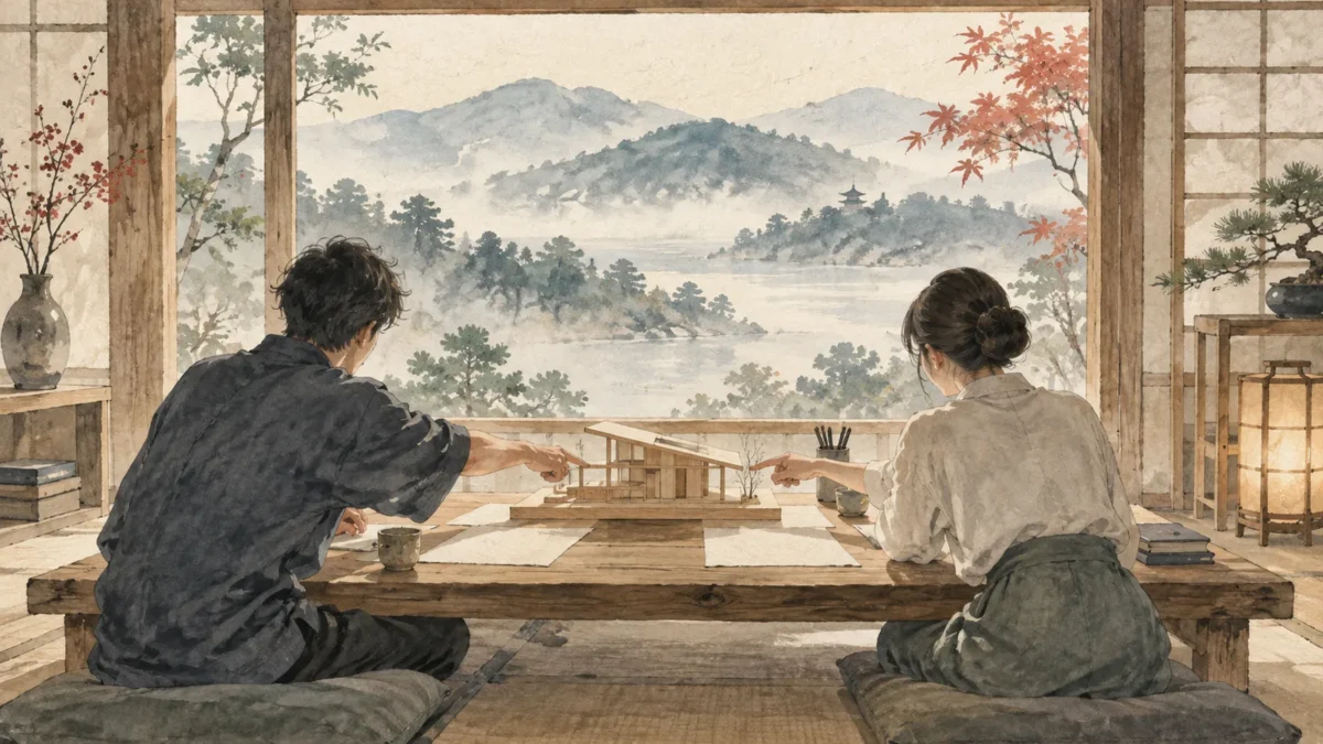 同じ模型を見ながら作業の進め方を確認する二人の水彩画